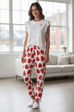 Pink Ruffled Tank Top And Heart Print Pants Lounge Set