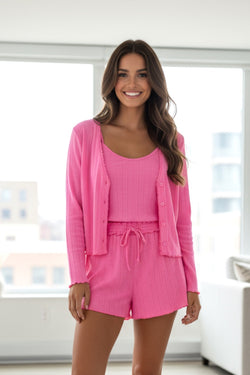 Bonbon Delicate Texture Cropped Cami Shorts and Cardigan 3pcs Lounge Set