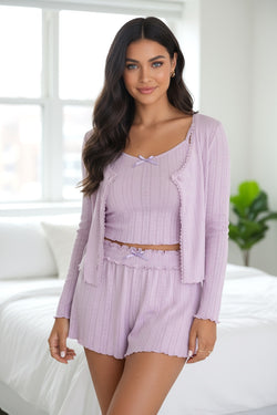 Bonbon Delicate Texture Cropped Cami Shorts and Cardigan 3pcs Lounge Set
