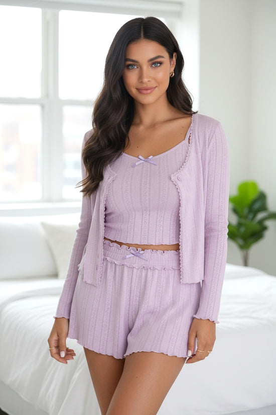Texture de texture délicate Bonbon Shorts camis et cardigan 3pcs salon ensemble