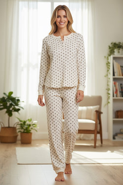White Polka Dot Print Notched Neck Long Sleeve Top Drawstring Jogger Pants Waffle Knit Lounge Set