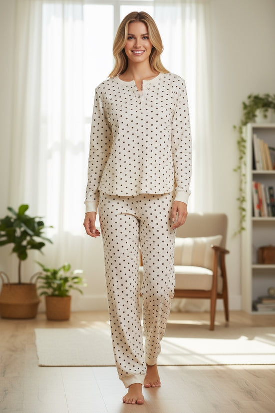 White Polka Dot Print Notched Neck Long Sleeve Top Drawstring Jogger Pants Waffle Knit Lounge Set