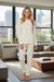 White Polka Dot Print Notched Neck Long Sleeve Top Drawstring Jogger Pants Waffle Knit Lounge Set