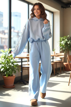 Beau Blue Floral Patchwork Drop Shoulder Pullover and Sweatpants Lounge Set
