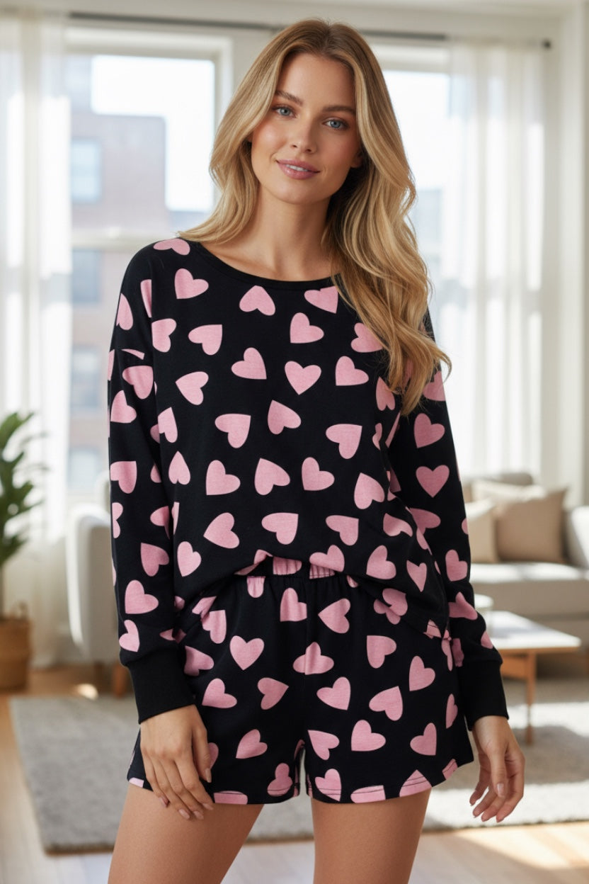 Pink Valentine Heart Shape Print Long Sleeve Top Shorts Lounge Set