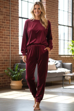 Fiery Red Solid Velvet Two Piece Lounge Set