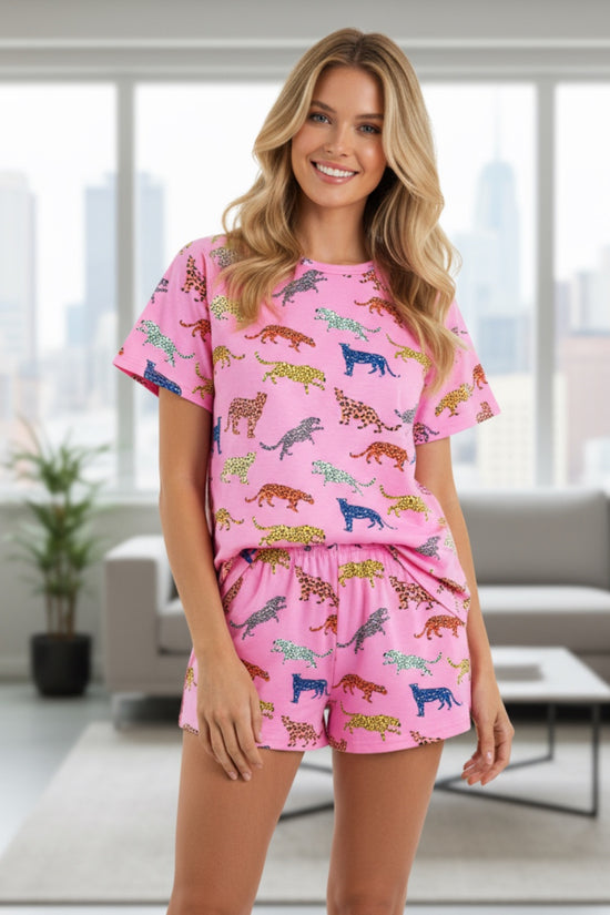 Estampa de flor rosa manga curta cintura alta shorts de duas peças