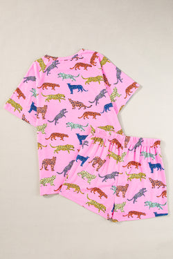 Estampa de flor rosa manga curta cintura alta shorts de duas peças