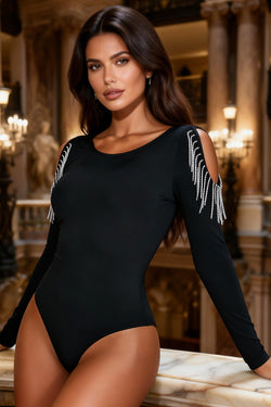 Black Diamond Chain Tassel Long Sleeve Bodysuit