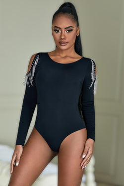 Black Diamond Chain Tassel Long Sleeve Bodysuit