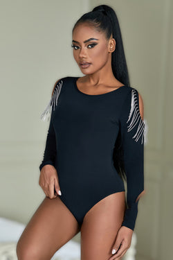 Black Diamond Chain Tassel Long Sleeve Bodysuit