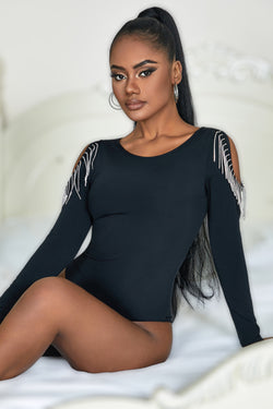 Black Diamond Chain Tassel Long Sleeve Bodysuit