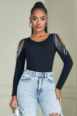 Black Diamond Chain Tassel Long Sleeve Bodysuit