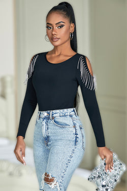 Black Diamond Chain Tassel Long Sleeve Bodysuit