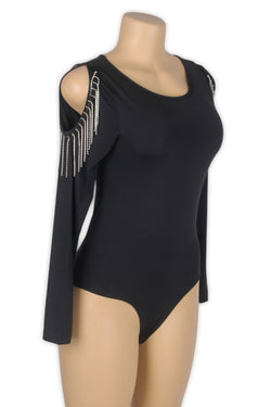 Black Diamond Chain Tassel Long Sleeve Bodysuit