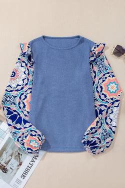 Café ou azul com manga floral com waffle malha o pescoço blusa