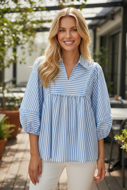 Sky Blue Stripe Shirt Collar V Neck Ricrac Trim 3/4 Puff Sleeve Blouse