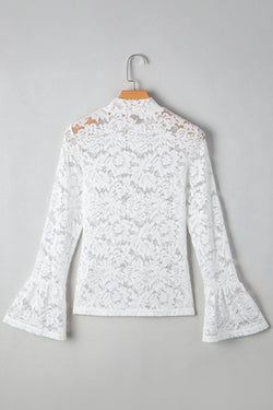 White Lace Crochet Bell Sleeve Mock Neck Blouse