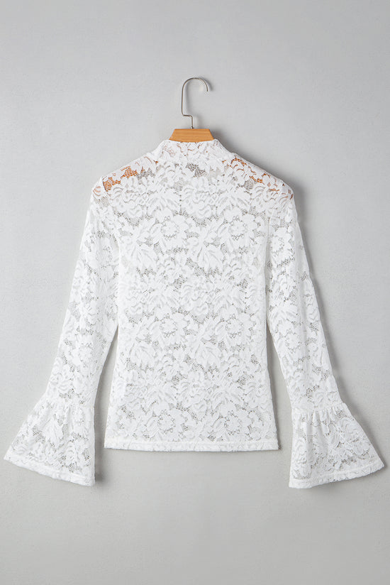 White Lace Crochet Bell Sleeve Mock Neck Blouse