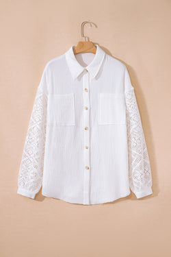 Camicia a maniche lunghe patchwork in pizzo di garza di cotone bianco