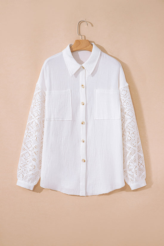 Camicia a maniche lunghe patchwork in pizzo di garza di cotone bianco