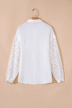 Camicia a maniche lunghe patchwork in pizzo di garza di cotone bianco