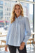 Sky Blue Stripe Shirred Detail Half Placket Collared Long Sleeve Fall Shirt