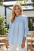 Sky Blue Stripe Shirred Detail Half Placket Collared Long Sleeve Fall Shirt