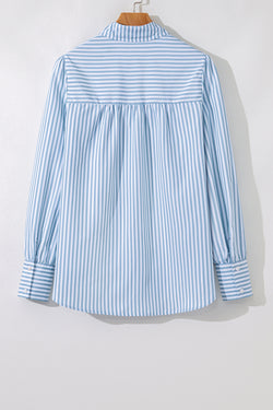 Sky Blue Stripe Shirred Detail Half Placket Collared Long Sleeve Fall Shirt