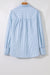 Sky Blue Stripe Shirred Detail Half Placket Collared Long Sleeve Fall Shirt