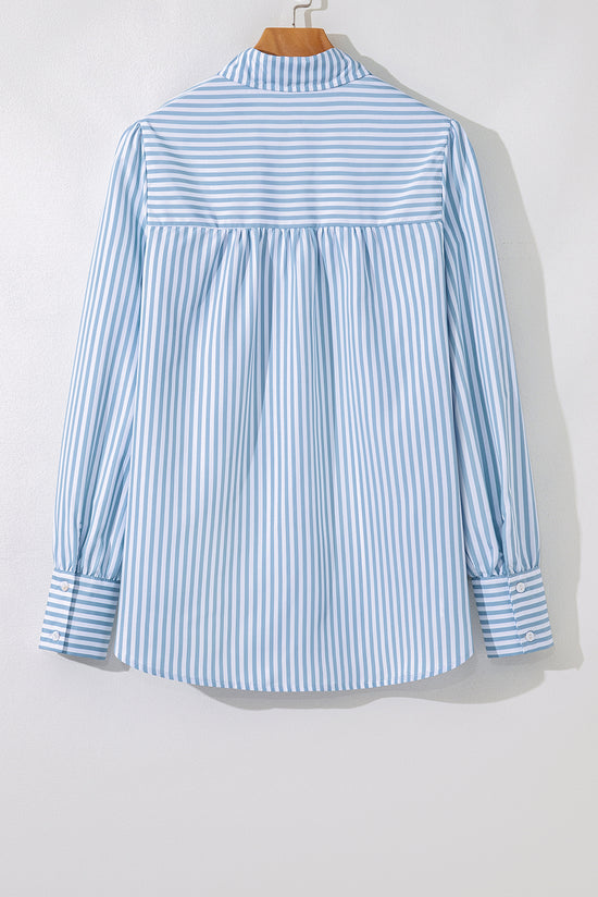 Sky Blue Stripe Shirred Detail Half Placket Collared Long Sleeve Fall Shirt