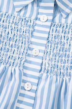 Sky Blue Stripe Shirred Detail Half Placket Collared Long Sleeve Fall Shirt