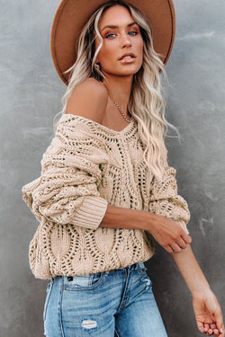 Black Crochet Knit Ribbed Hem Hollow-out Sweater