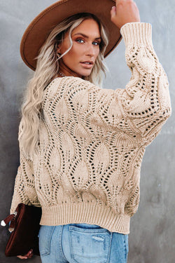 Black Crochet Knit Ribbed Hem Hollow-out Sweater