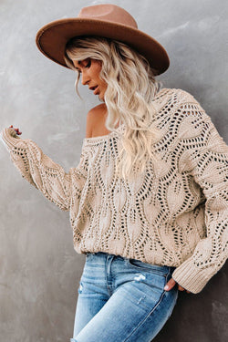 Black Crochet Knit Ribbed Hem Hollow-out Sweater