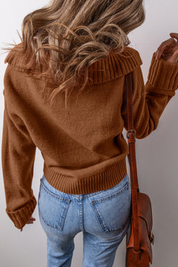 Suéter elegante sexy con cuello en V y borde acanalado con cuello castaño