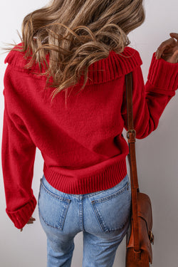 Suéter elegante sexy con cuello en V y borde acanalado con cuello castaño