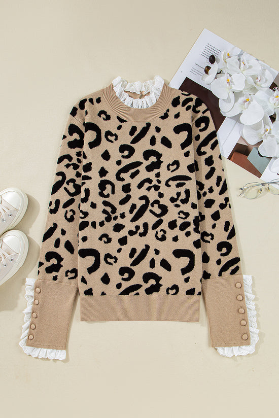 Suéter con puños y botones con detalle acanalado de encaje con estampado de leopardo marrón
