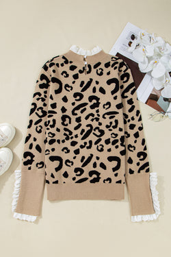 Suéter con puños y botones con detalle acanalado de encaje con estampado de leopardo marrón