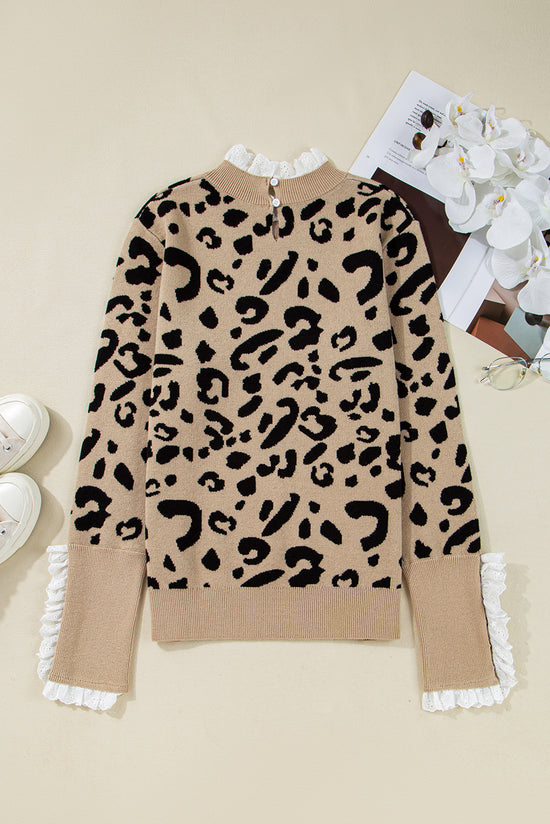 Suéter con puños y botones con detalle acanalado de encaje con estampado de leopardo marrón