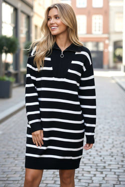 Brown Striped O-ring Zip Collared Loose Sweater Mini Dress