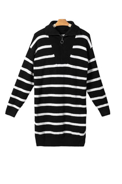 Brown Striped O-ring Zip Collared Loose Sweater Mini Dress