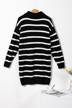 Brown Striped O-ring Zip Collared Loose Sweater Mini Dress