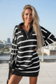 Brown Striped O-ring Zip Collared Loose Sweater Mini Dress