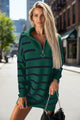 Brown Striped O-ring Zip Collared Loose Sweater Mini Dress
