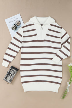 Brown Striped O-ring Zip Collared Loose Sweater Mini Dress