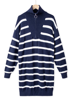 Brown Striped O-ring Zip Collared Loose Sweater Mini Dress