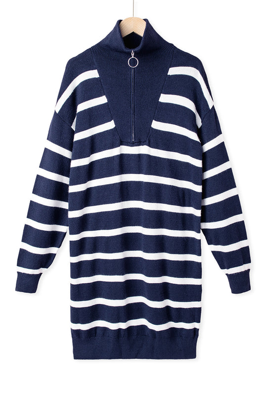 Brown Striped O-ring Zip Collared Loose Sweater Mini Dress