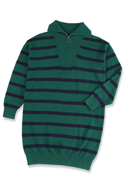 Brown Striped O-ring Zip Collared Loose Sweater Mini Dress