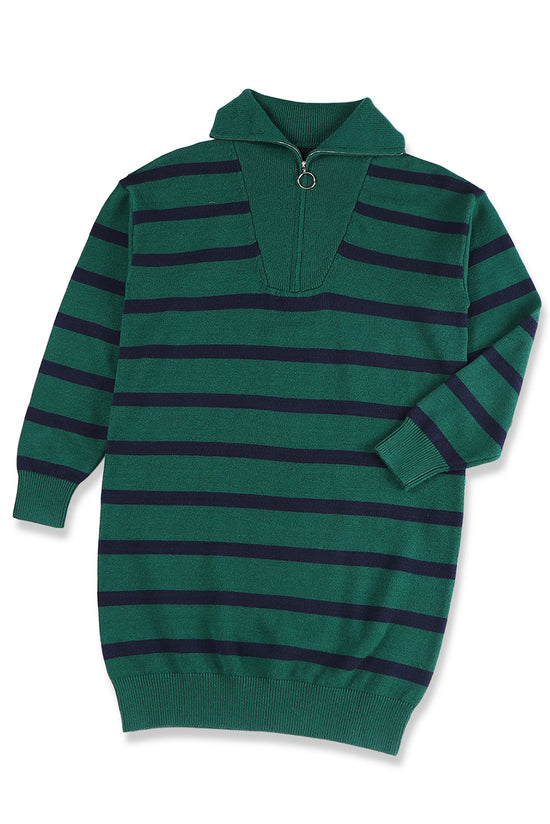 Brown Striped O-ring Zip Collared Loose Sweater Mini Dress